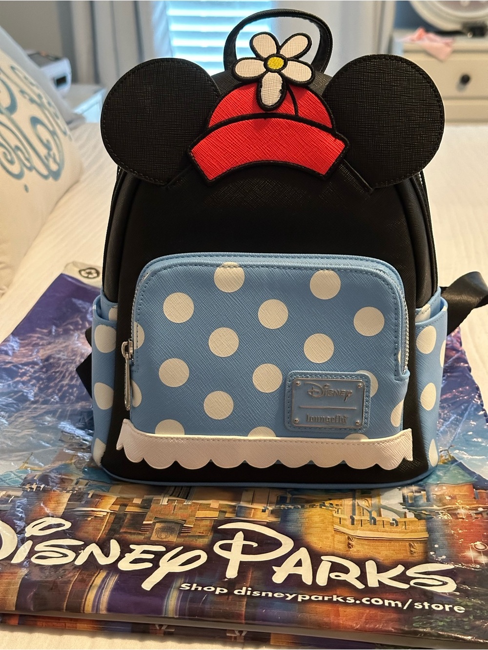 Loungefly Minnie Mouse Blue Polka Dot Mini Backpack with Black Ears & Red Hat